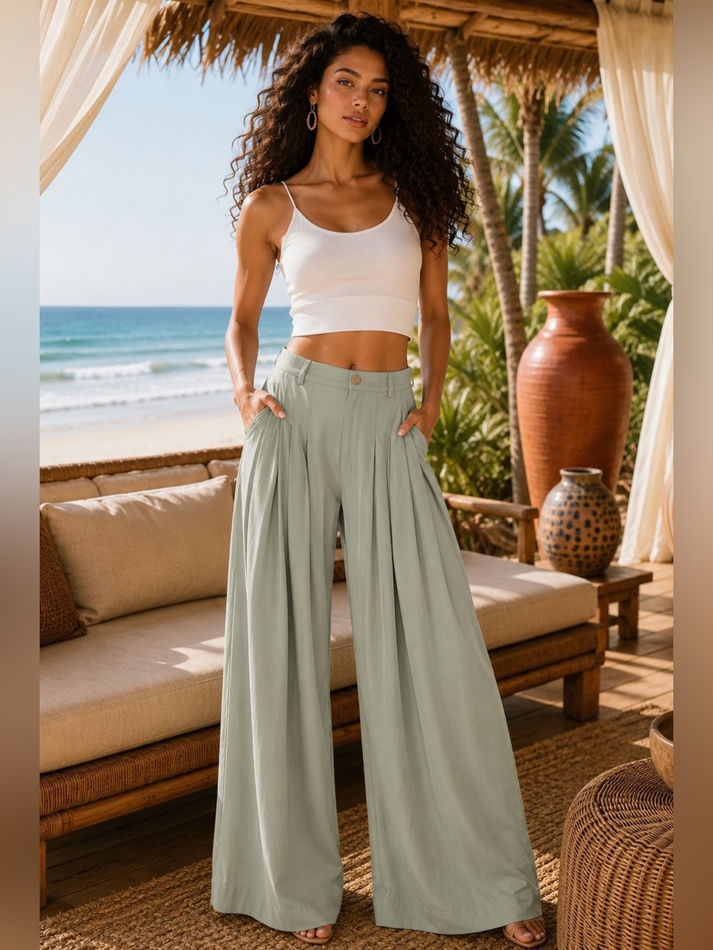 High-Rise Wide-Leg Pleated Pants in Sage Green